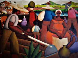 Niet of onleesbaar gesigneerd - Brazilie Naïeve Kunst "Boeren op het land bij de Iguaçu rivier" gesigneerd verkocht voor € 10!