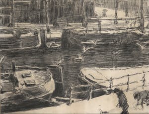 Isaac Israels - Gezicht op de gracht, uitgevoerd in houtskool - Ingelijst kopen? Bied vanaf 4000!