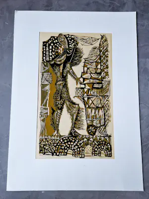 Gras Heyen - Grote jaren 50 handgekleurde Linosnede 'le Messager' - potloodgesigneerd kopen? Bied vanaf 35!