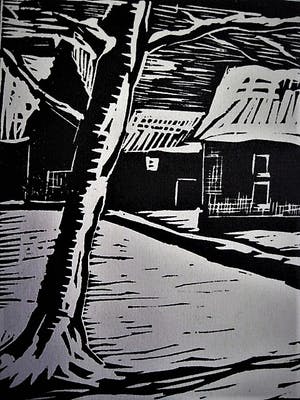 Han Krug - Mooie - omstreeks 1925 gemaakte Houtsnede "Winters dorp" - gesigneerd kopen? Bied vanaf 29!