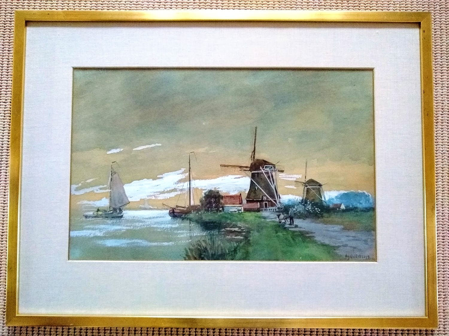 Albert Jan Oudshoorn - Molens aan de vaart. In prachtige lijst. verkocht voor € 50!