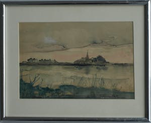 Niet of onleesbaar gesigneerd - Ingelijste aquarel, “Landschap met water” – gesigneerd ‘v. Os’ kopen? Bied vanaf 1!