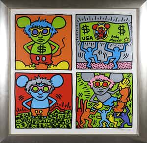 Keith Haring - Handgesigneerde zeefdruk, Keith and Andy and Andy Mouse - Ingelijst verkocht voor € 1!