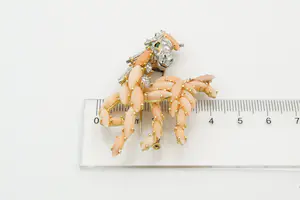 97 - Chique 18 karaat geel gouden Veulen broche met angel skin koraal en diamant kopen? Bied vanaf 3500!