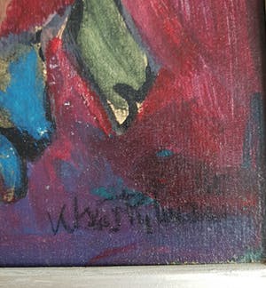 Klaas Pijlman - Olieverf op board, "figuren in het vuur die hogere macht aanbidden" kopen? Bied vanaf 1!