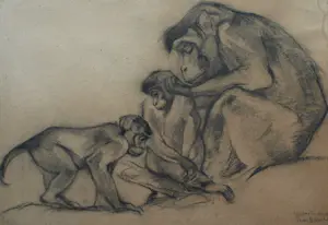 Tini van Doornik - Ingelijste houtskooltekening , Drie apen – 1930 – Lijst, 41½ x 57½ cm. kopen? Bied vanaf 100!
