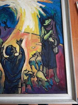 Klaas Pijlman - Olieverf op board, "figuren in het vuur die hogere macht aanbidden" kopen? Bied vanaf 1!