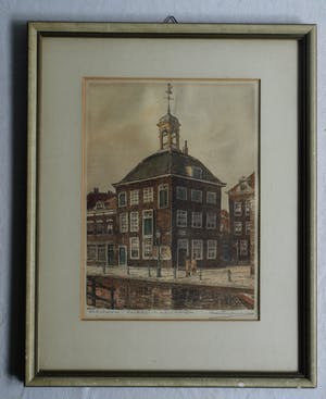Marius Johannes Janssen - Ingelijste en ingekleurde ets , Zakkendragershuisje Schiedam – ca. 1950 kopen? Bied vanaf 35!