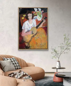 Rene Mels - Frau mit Gitarre – Großes und wunderschönes ausdrucksstarkes Gemälde kopen? Bied vanaf 800!