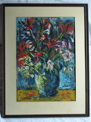 Niet of onleesbaar gesigneerd - Ingelijst, olieverf op papier , Bloemstilleven – Turkije? – 1978 kopen? Bied vanaf 1!