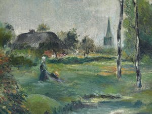 Niet of onleesbaar gesigneerd - Olieverf op paneel , Landschap met vrouw – ingelijst - oud kopen? Bied vanaf 1!