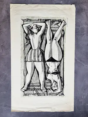 Gerard Gaudaen - grote in 1959 gemaakte Hout/Linosnede - het Zonnebad - potloodgesigneerd kopen? Bied vanaf 31!