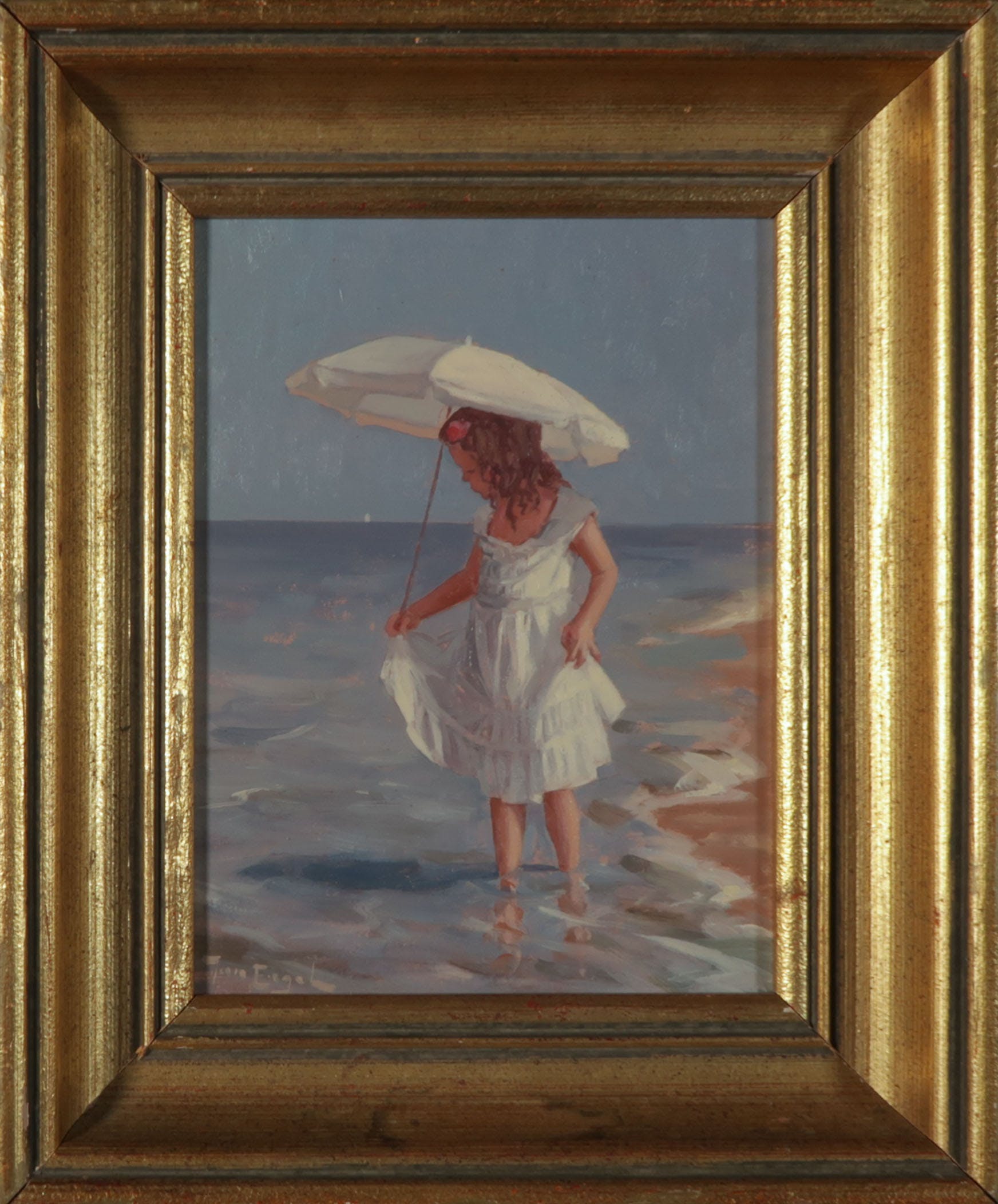 Jan Engel - Olieverf op hardboard, Strandgezicht met kind - Ingelijst kopen? Bied vanaf 175!