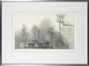 Charles Donker - Ets, Landschap met bijenkasten - Ingelijst kopen? Bied vanaf 350!