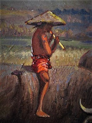 Niet of onleesbaar gesigneerd - Gesigneerd Indonesie Java Bogor "Herdersjongen op Karbauw" landschap olieverf kopen? Bied vanaf 10!