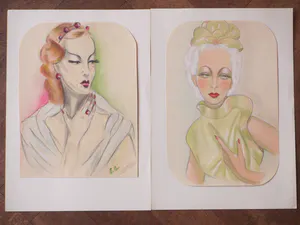Niet of onleesbaar gesigneerd - Twee dames in Art-Deco stijl - Kleurtekeningen kopen? Bied vanaf 1!