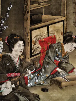 Niet of onleesbaar gesigneerd - Japan omstreeks 1930 - Fraaie verf op zijde "Geisha's maken muziek" kopen? Bied vanaf 1!