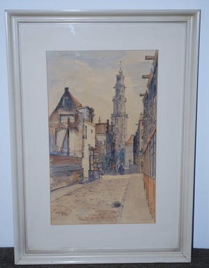 Jan den Hengst - Amsterdam, de Jordaan met de Westerkerk - grote ingelijste aquarel kopen? Bied vanaf 150!