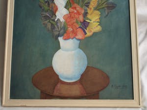 Niet of onleesbaar gesigneerd - Ingelijste gouache , “Bloemen in Vaas” - 1943 kopen? Bied vanaf 1!