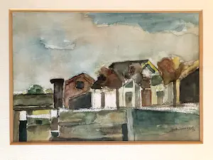 Niet of onleesbaar gesigneerd - Abstract Dorpje - Aquarel, Mooi Ingelijst kopen? Bied vanaf 1!