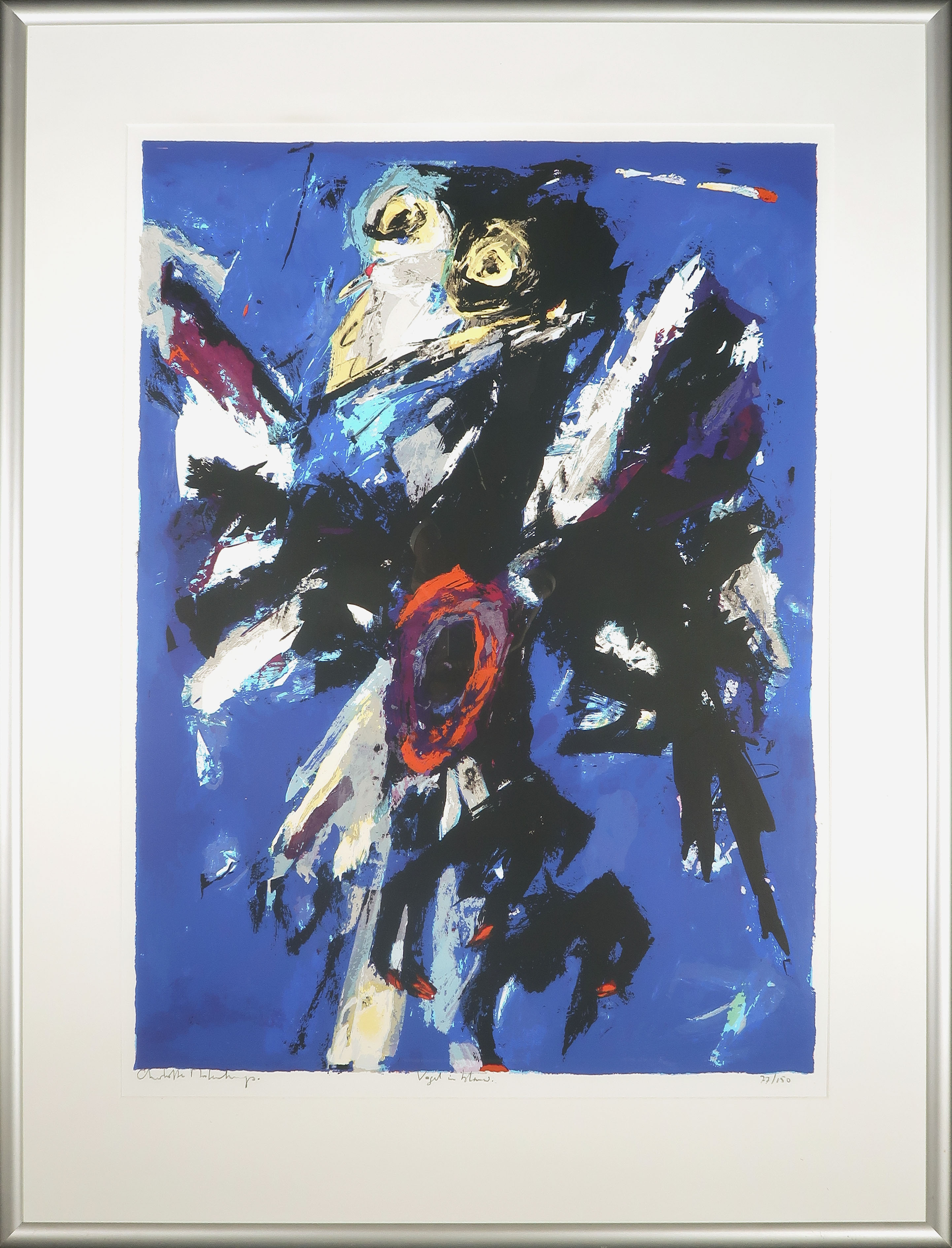 Charlotte Molenkamp - Zeefdruk, Vogel in blauw - Ingelijst (Groot) verkocht voor € 1!