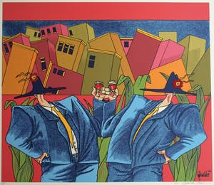 Guido van Driel - Grote ingelijste zeefdruk , ‘Proost, huizen’ - 1990 – 75 x 95 cm. kopen? Bied vanaf 50!