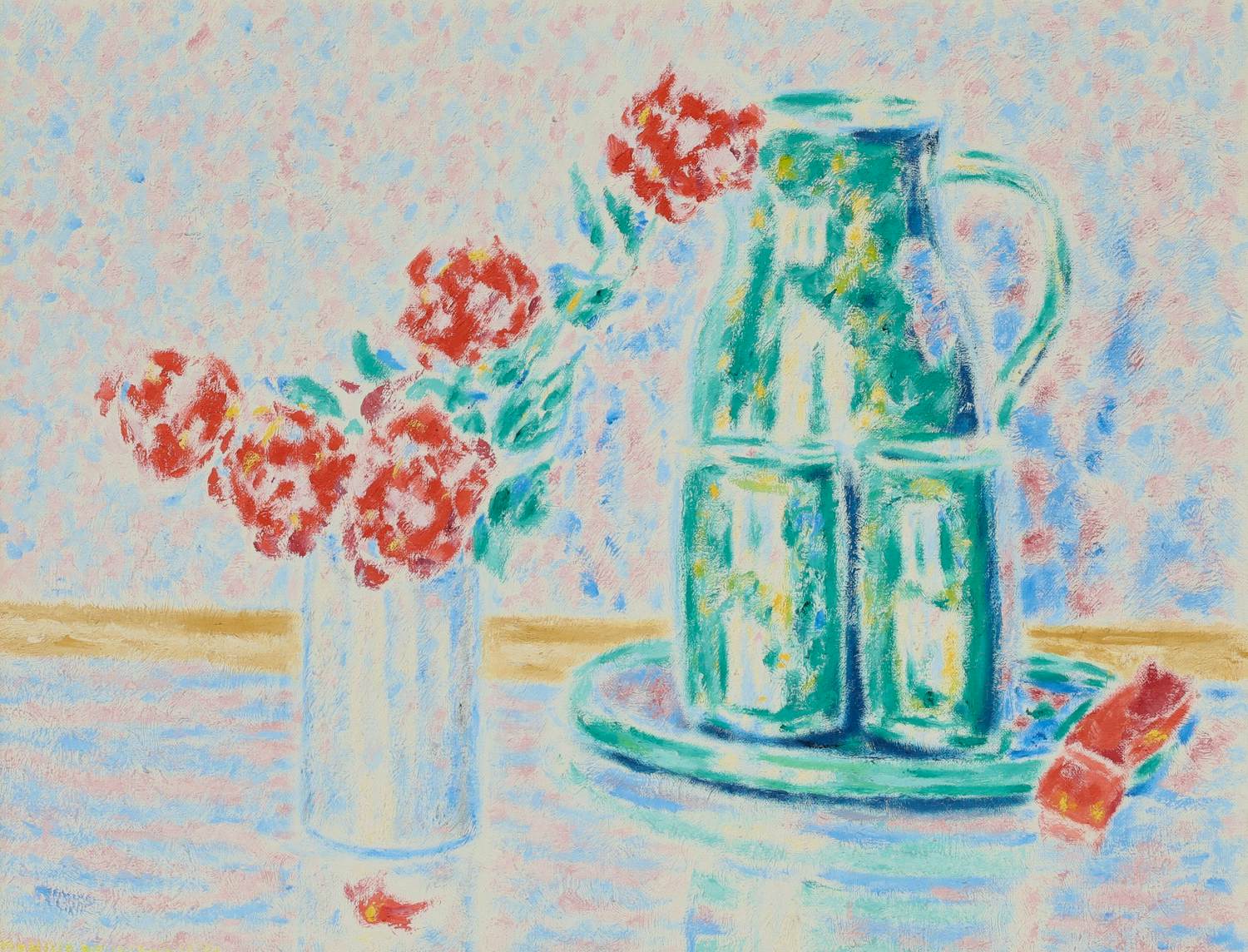Hubert van Hille - Ingelijste olieverf op doek: Groene vaas en rode bloemen kopen? Bied vanaf 399!