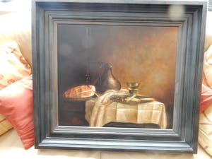 Peer Verrijt - klassiek stilleven, met kan, ham, tinnen bord, roemer, champagne flute, kleed kopen? Bied vanaf 350!