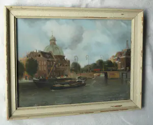 Fred Hartsuijker - Ingelijste pastel , Stadsgezicht Amsterdam kopen? Bied vanaf 40!
