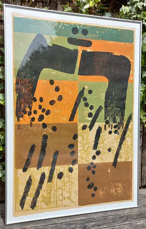 Jef Diederen - Compositie, houtsnede op japans papier (netjes ingelijst, groot) kopen? Bied vanaf 1!
