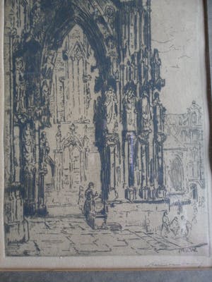 Martin van Waning - Ets met de ingang van een kathedraal. kopen? Bied vanaf 20!