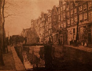Pol Dom - Amsterdams stadsgezicht met gracht,bruggetje en figuren op straat kopen? Bied vanaf 1!