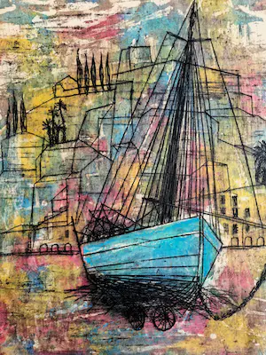 Ria Exel - Grote jaren 60 "epreuve d'artiste" kleuren-aquatint "boten in haven" kopen? Bied vanaf 31!