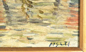 Anthonie Pieter Schotel - Grachtgezicht met brug en zeilschip - Olie op paneel - Gesigneerd - 37x62 cm kopen? Bied vanaf 690!