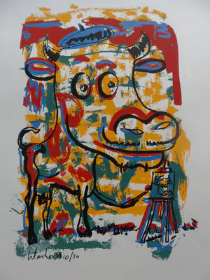 Peter Klashorst - Zeefdruk, titel. " schilderende koe ". kopen? Bied vanaf 35!