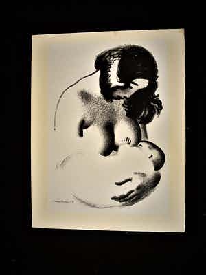 Aage Sikker Hansen - Originele 1937 Lithografie - Morn og Barn - gesigneerd - GROOT! verkocht voor € 64!