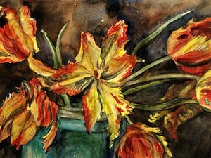 Willem Karel Rees - Rond 1930 - Aquarel - uitgebloeide Tulpen - Lijst & passe partout orig Art-Deco kopen? Bied vanaf 40!