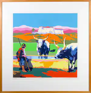 Marco Kooiman - Zeefdruk, Drinking Oxen - Ingelijst vendu pour 70€ !