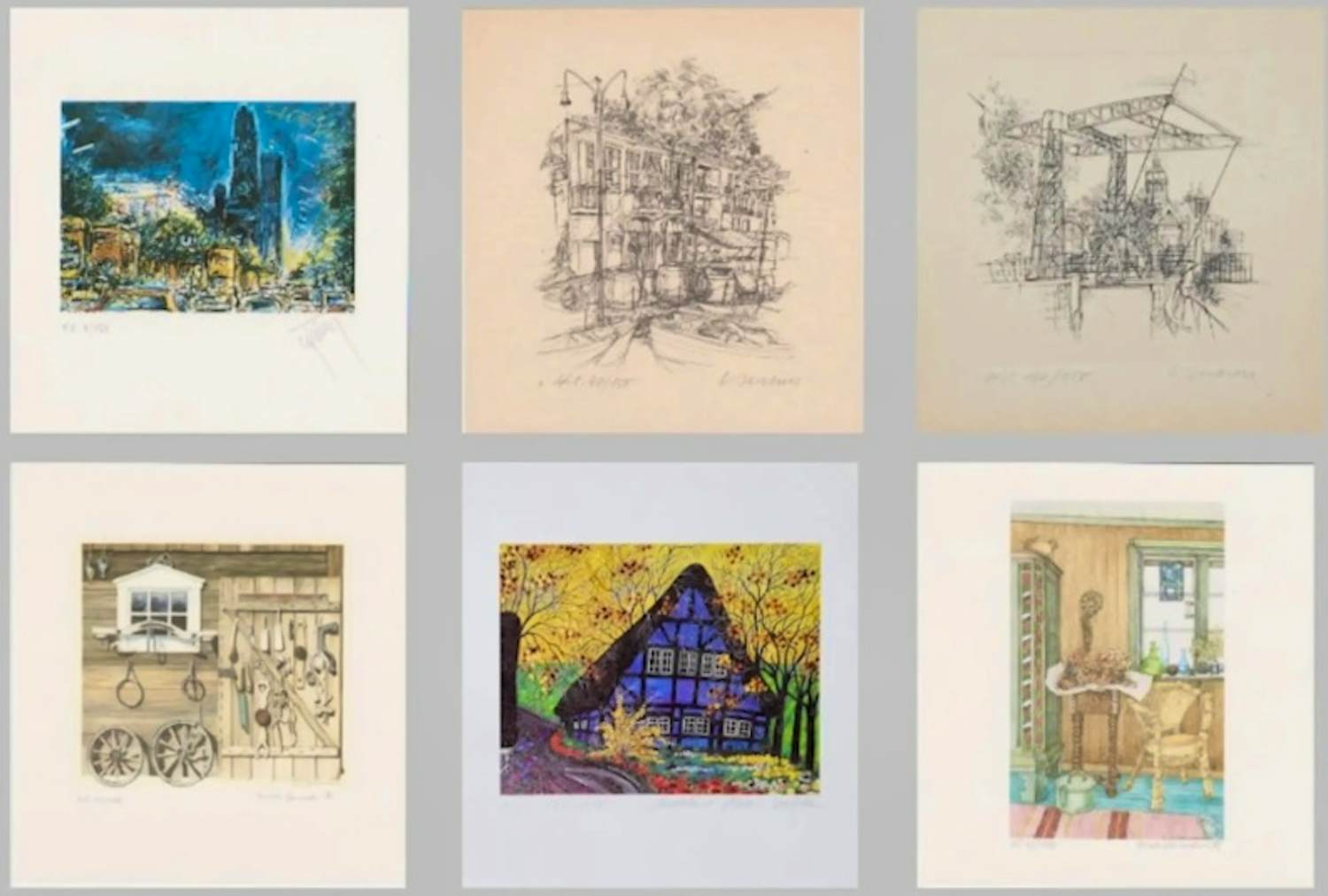 Reinhold W. Timm - e.a: zes handgesigneerde zeefdrukken/etsen: Gebouwen, o.a. Amsterdam kopen? Bied vanaf 29!