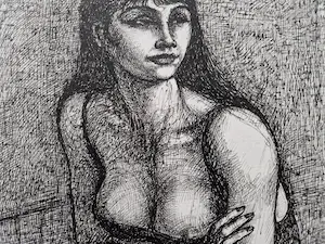 Theo  l' Herminez - Magisch realistische - 1971 - Sepia/Inkt tekening "vrouw op balkon" gesigneerd kopen? Bied vanaf 182!