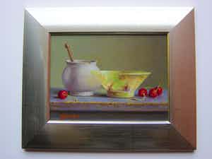 Hans Habraken - stilleven Aardenwerken pot, glazen schaal en kersen verkocht voor € 450!