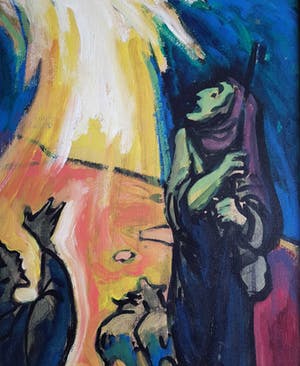 Klaas Pijlman - Olieverf op board, "figuren in het vuur die hogere macht aanbidden" kopen? Bied vanaf 1!