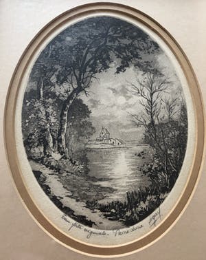 Niet of onleesbaar gesigneerd - Prachtig gesigneerde ovale ets in lijst en dubbele passe-partout. kopen? Bied vanaf 10!