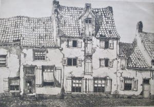 Willem van Dam - Grote ets "Oude huizen aan de Paternoster.." kopen? Bied vanaf 40!
