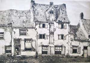 Willem van Dam - Grote ets "Oude huizen aan de Paternoster.." verkocht voor € 40!