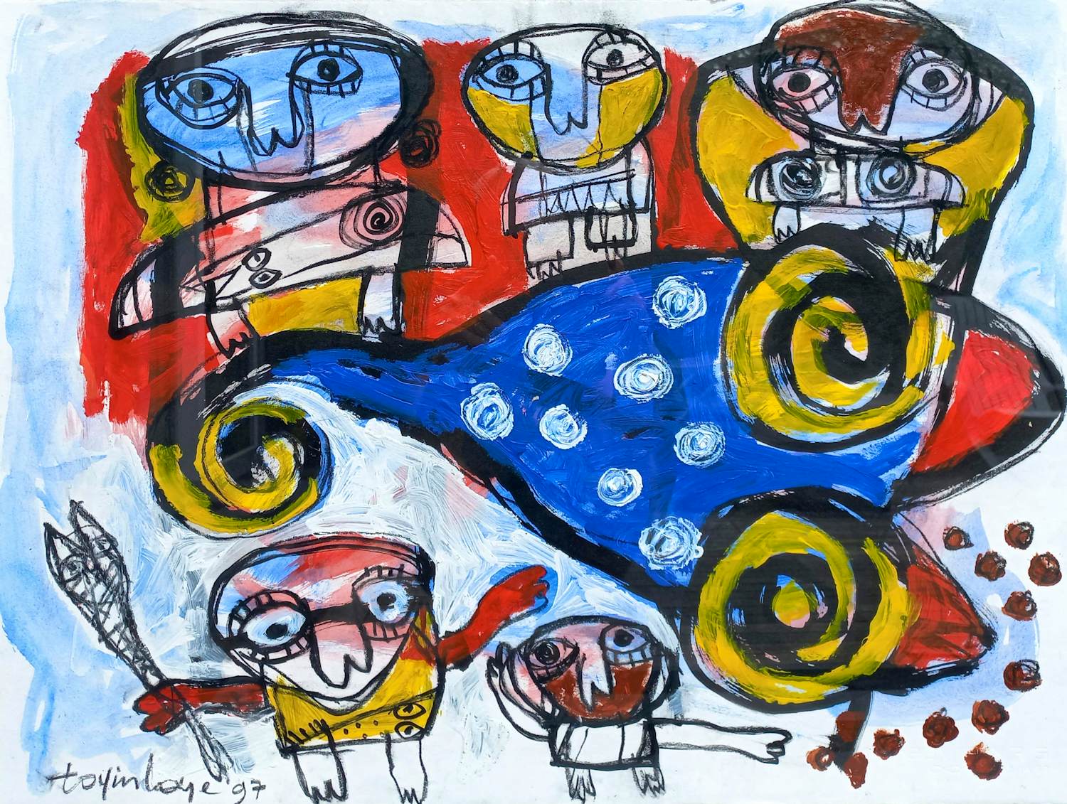 Toyin Loye - Exotische street-art, gemengde techniek op papier (netjes ingelijst, groot) kopen? Bied vanaf 250!