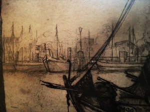 Jan Schonk - GROTE gesigneerde ets "Botters in Haven IJmuiden" omstreeks 1930 kopen? Bied vanaf 1!