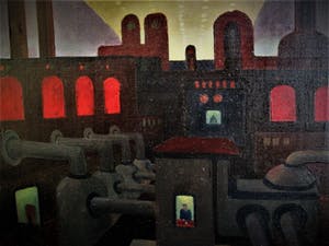 Theo Stiphout - Olieverf ca. 1940 - Nieuwe Zakelijkheid - "Nachtdienst in de Fabriek" - gesigd kopen? Bied vanaf 380!