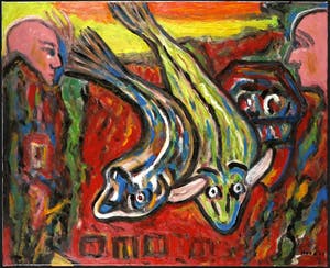 Pieter Haan - Acryl op doek, Vissen kopen? Bied vanaf 50!