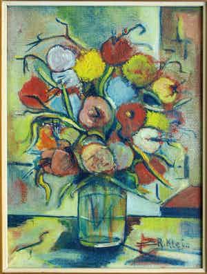 R. Kleijn - Olieverf op doek, Bloemstilleven – gesigneerd en ingelijst – ca 1960? verkocht voor € 40!